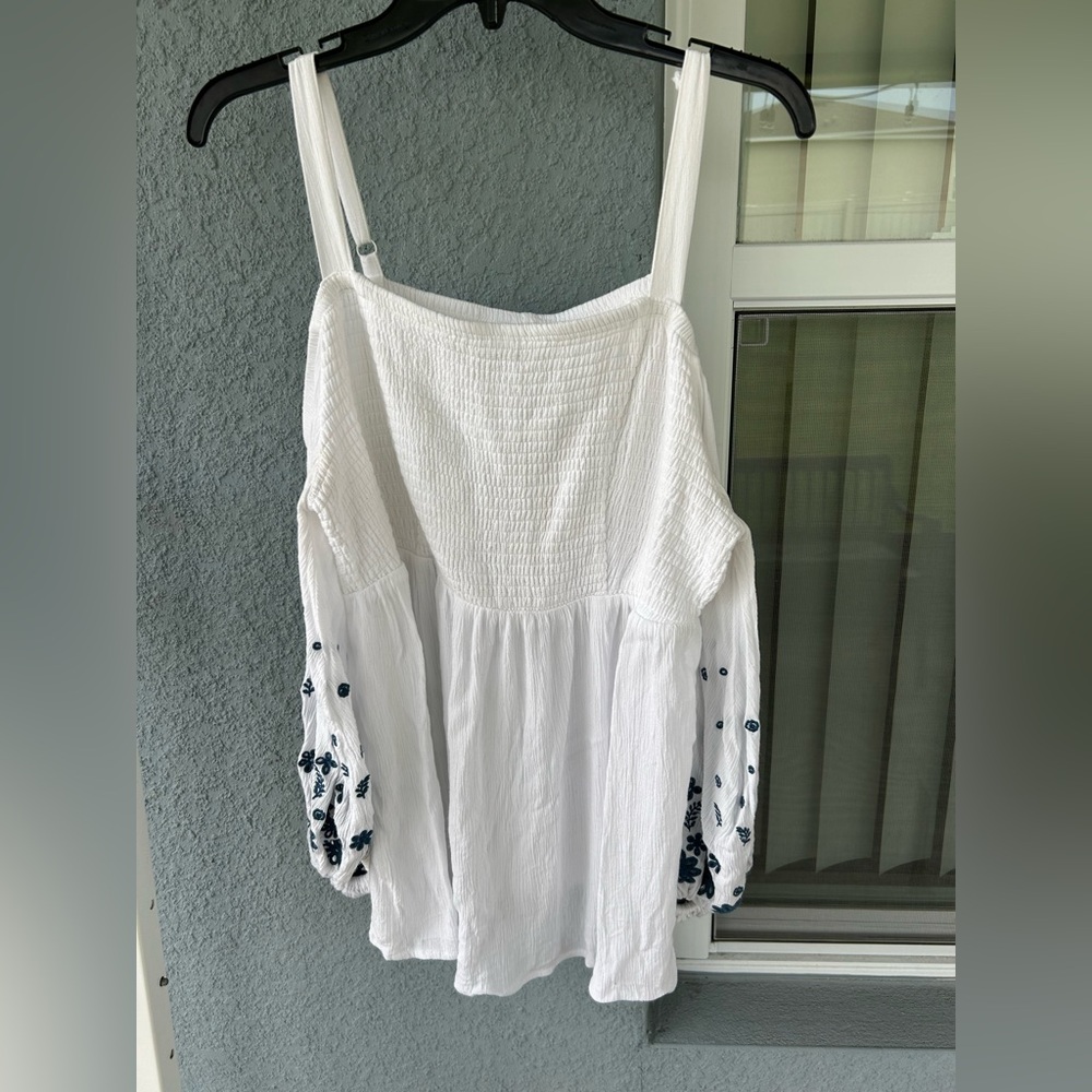 Torrid Off-Shoulder White Blouse with Navy Embroidery